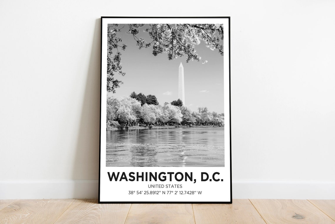 Washington DC Black and White Monument Cherry Blossom Travel Poster
