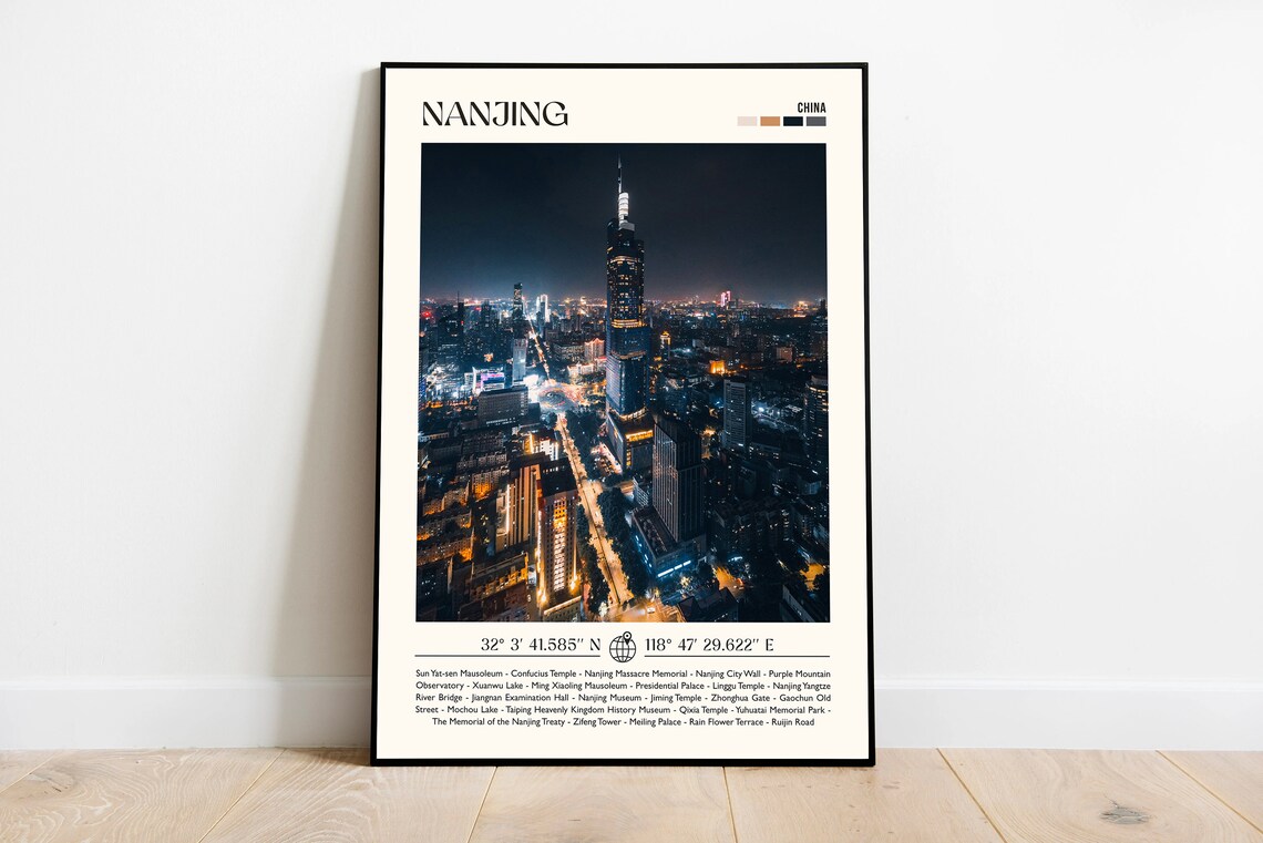 Nanjing China Night Cityscape Skyscraper Lights Photography Poster