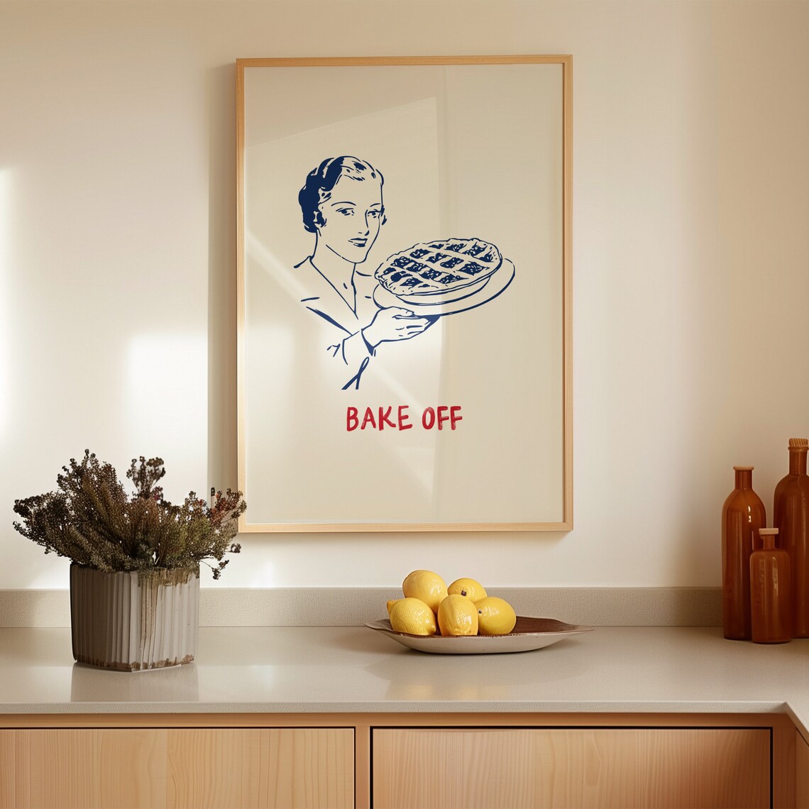 Bake Off Retro Line Art Woman Holding Pie Funny Kitchen Print - Image 3