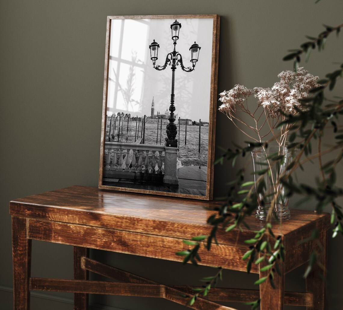 Venice Italy Canal Ornate Lamppost Black and White Travel Photo Poster - Image 2