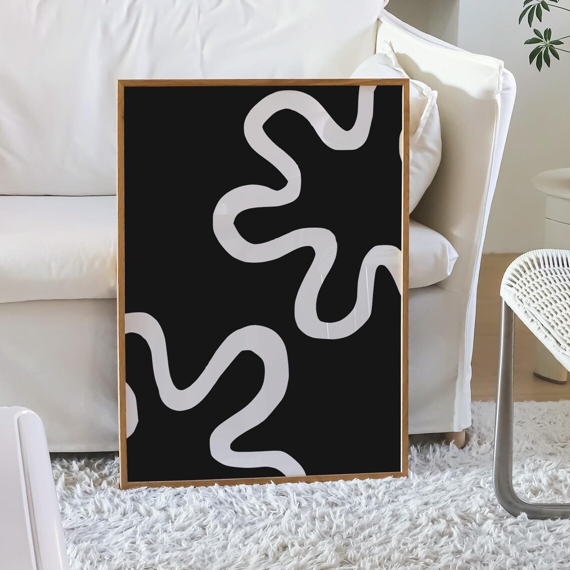 Black White Abstract Squiggle Line Art Minimalist Modern Decor Poster