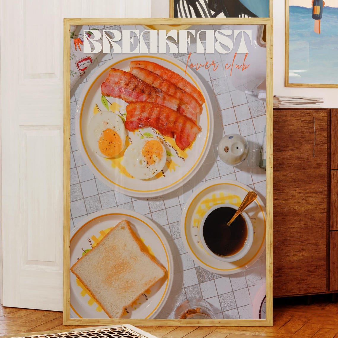 Breakfast Lover Club Retro Fried Eggs Bacon Coffee Kitchen Poster