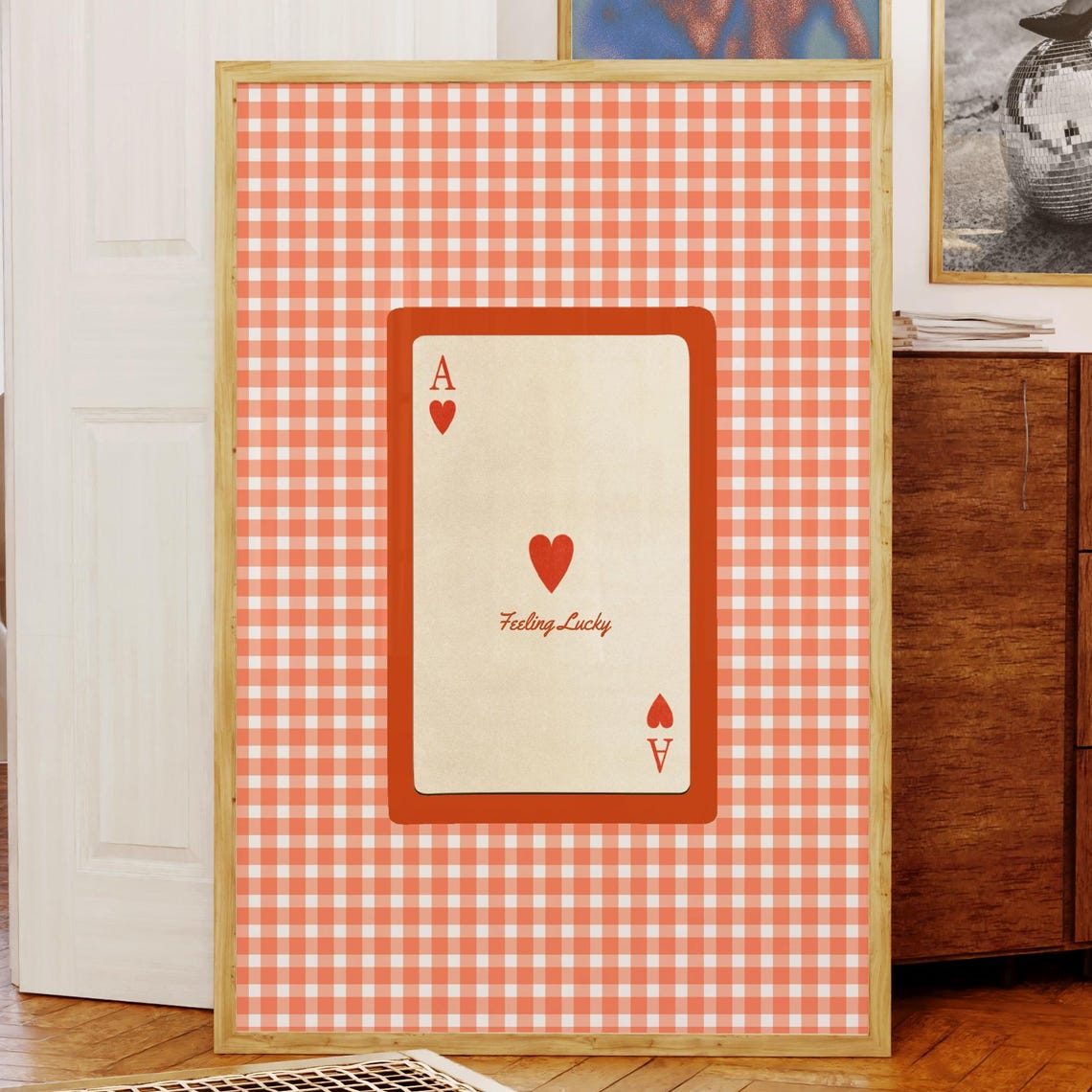 Feeling Lucky Ace of Hearts Red Gingham Retro Playing Card Poster