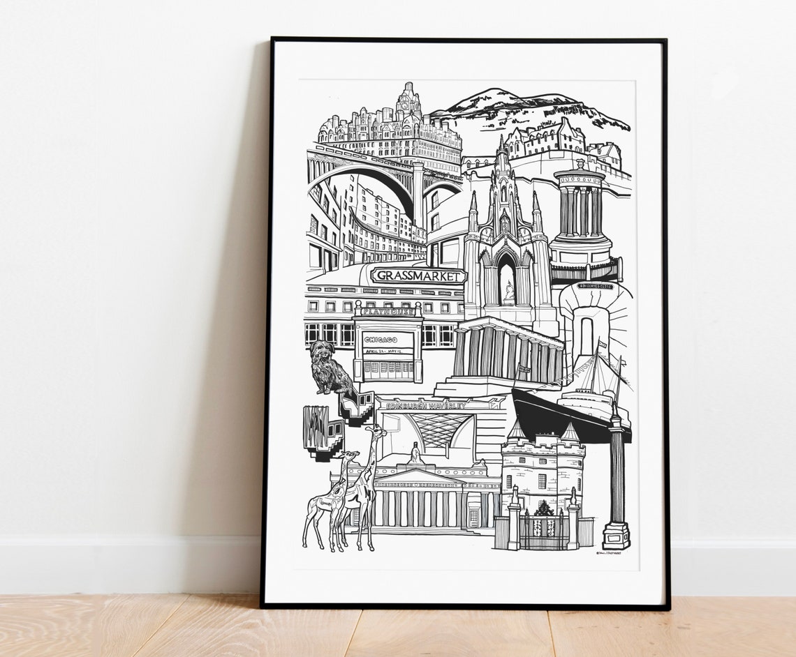 Edinburgh Landmarks Black And White Illustrated Sketch Art Print