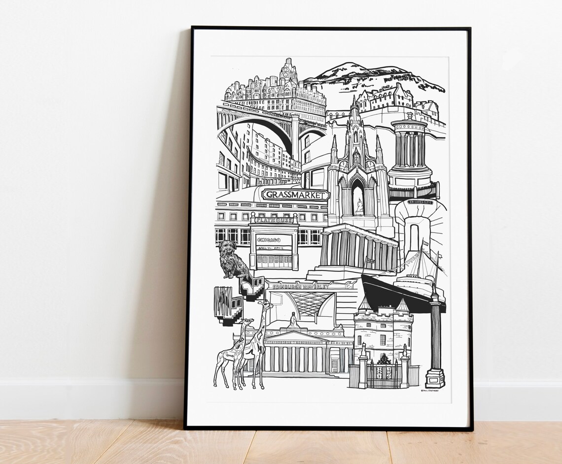 Edinburgh Skyline Print Black And White Scottish Landmarks