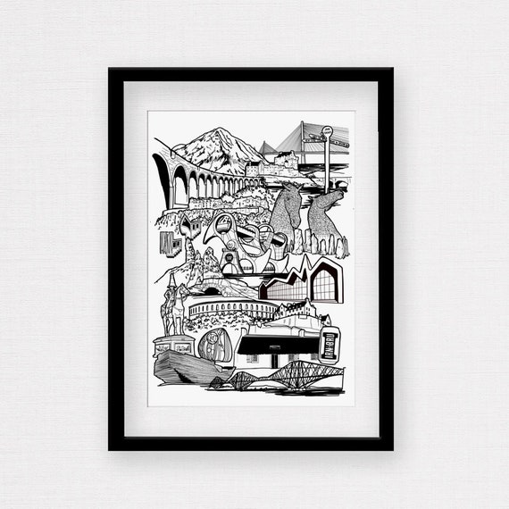 Framed Scotland Landmark Art Print Scottish Skyline Illustration