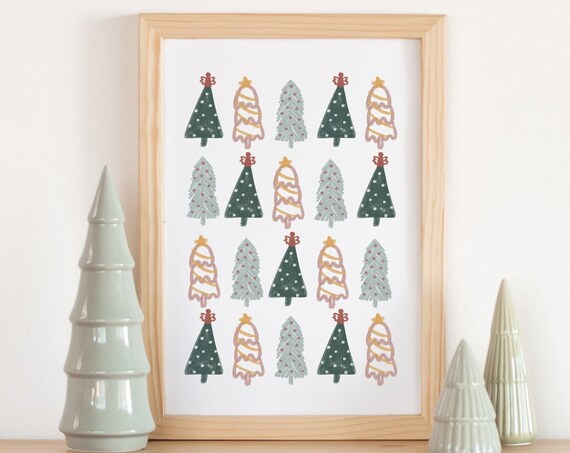 Whimsical Colorful Christmas Trees Grid Modern Holiday Decor Poster