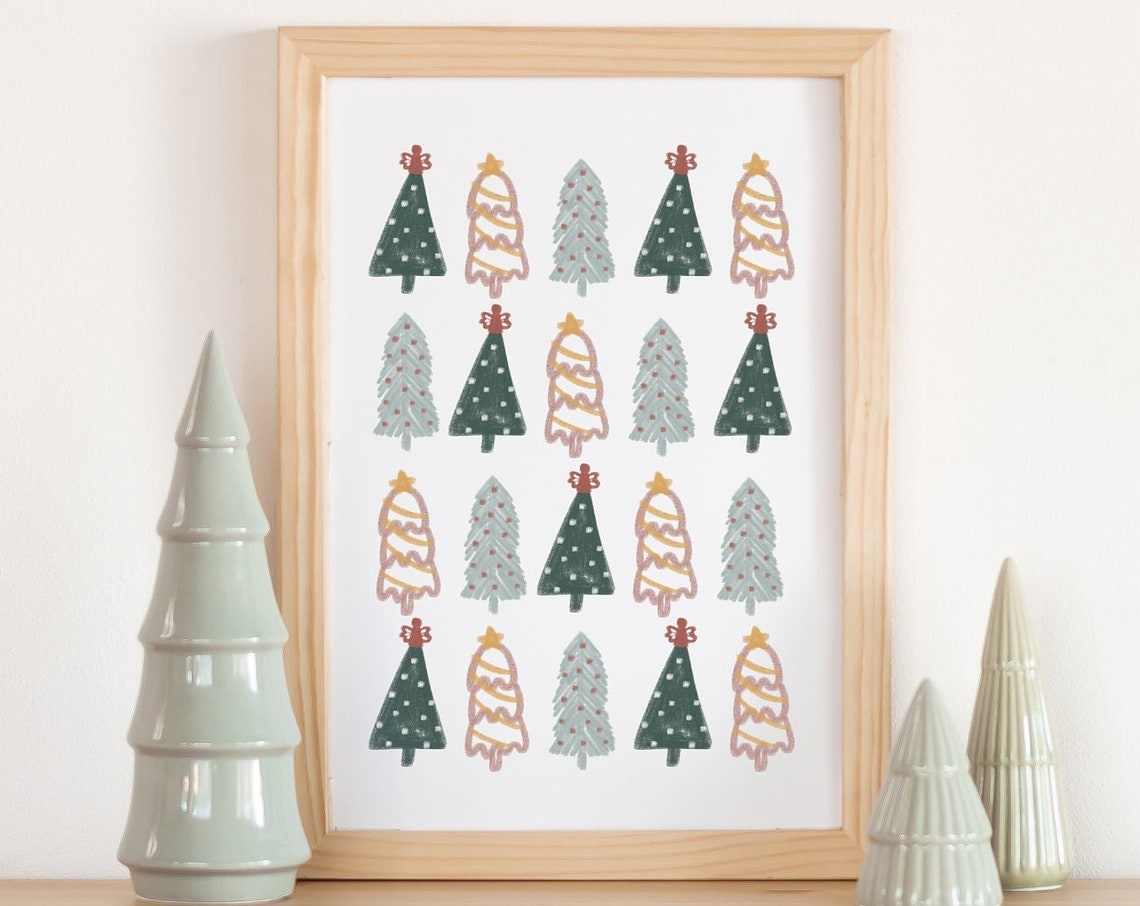 Whimsical Colorful Christmas Trees Grid Modern Holiday Decor Poster