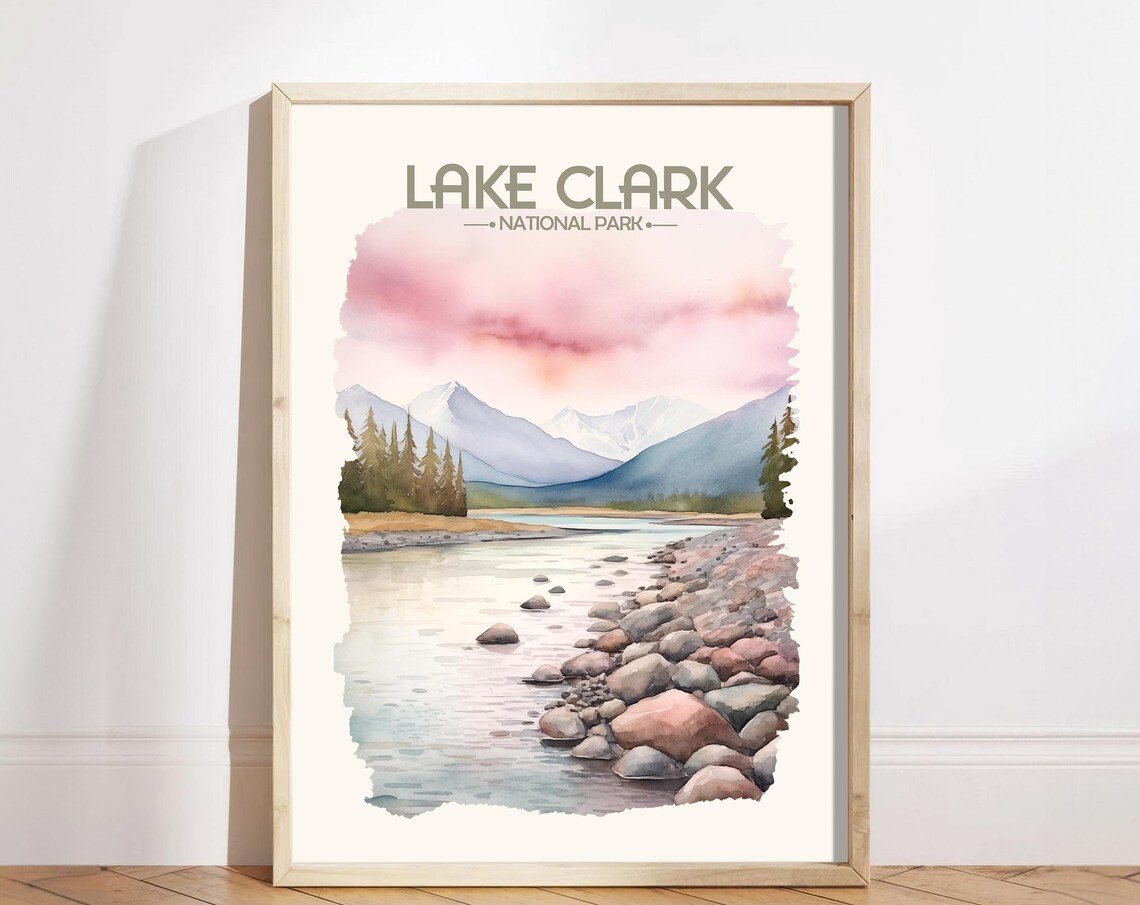 Lake Clark Scenic National Park Watercolor Lake Pink Sky Poster