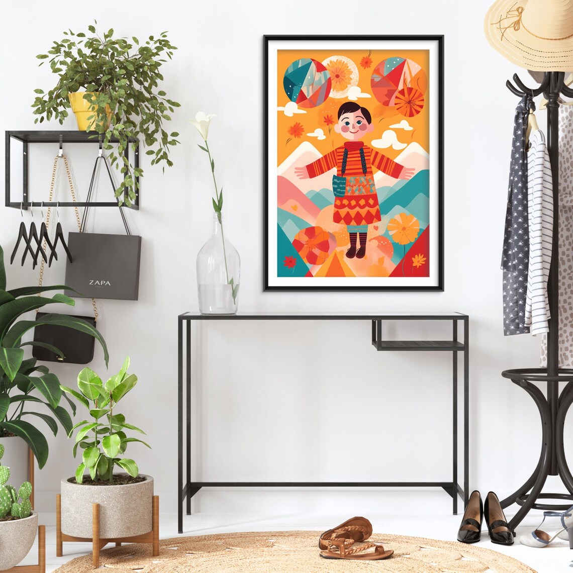Smiling Italian Girl in Folk Costume Mountain Landscape Art Poster - Image 2