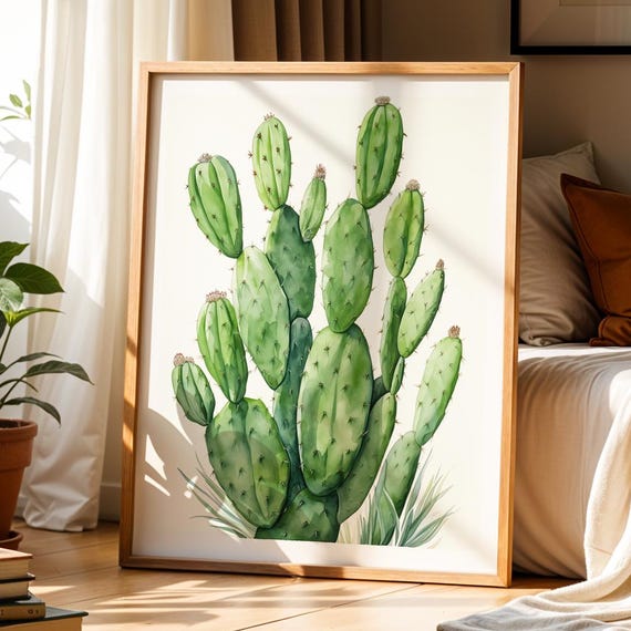 Green Cactus Watercolor Wall Art Botanical Succulent Plant Modern Boho Decor For Bedroom Or Office Space