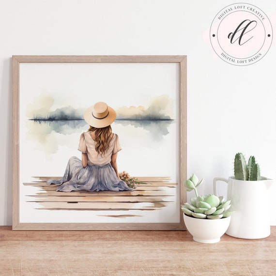Sitting By The Lake Art Peaceful Scenery Illustration Serene Watercolor Print Woman On Lake Dock Cottage Decor Jpg