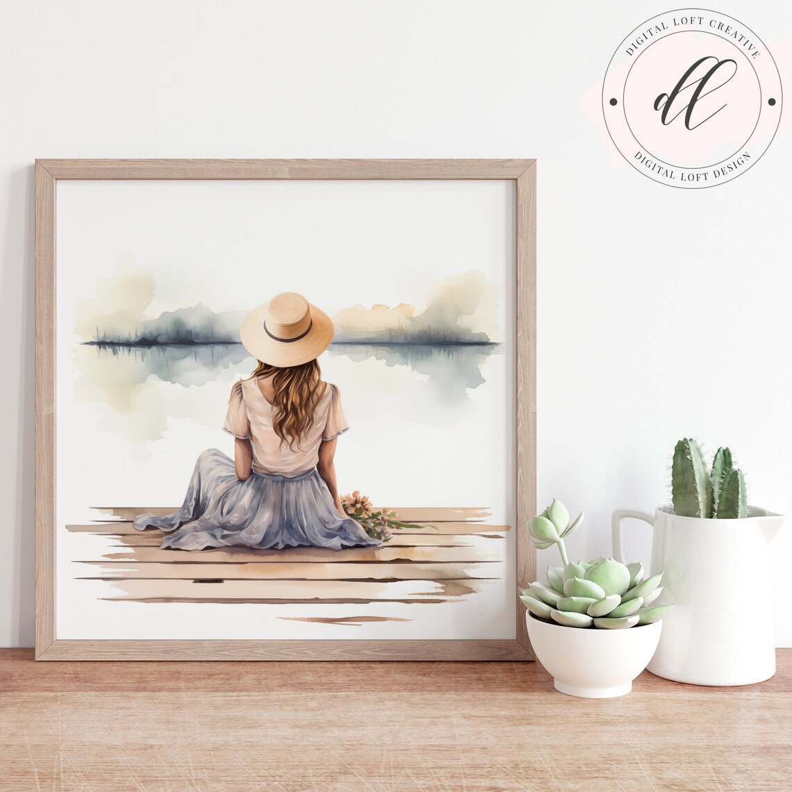Woman in Straw Hat Sitting on Dock Lakeside Watercolor Scene Poster