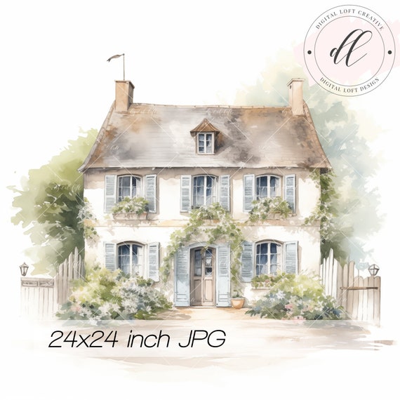 Charming French Country Home Watercolor Print Home Decor Rustic House Wall Art Country Home Illustration