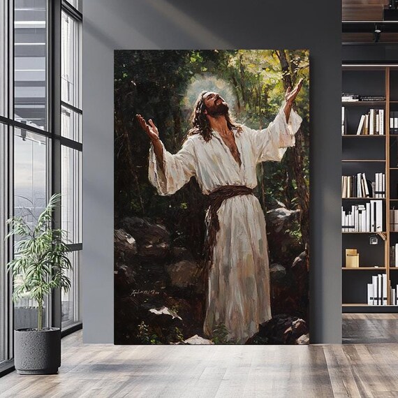 Jesus Praising With Raised Arms Forest Light Spiritual Worship Poster