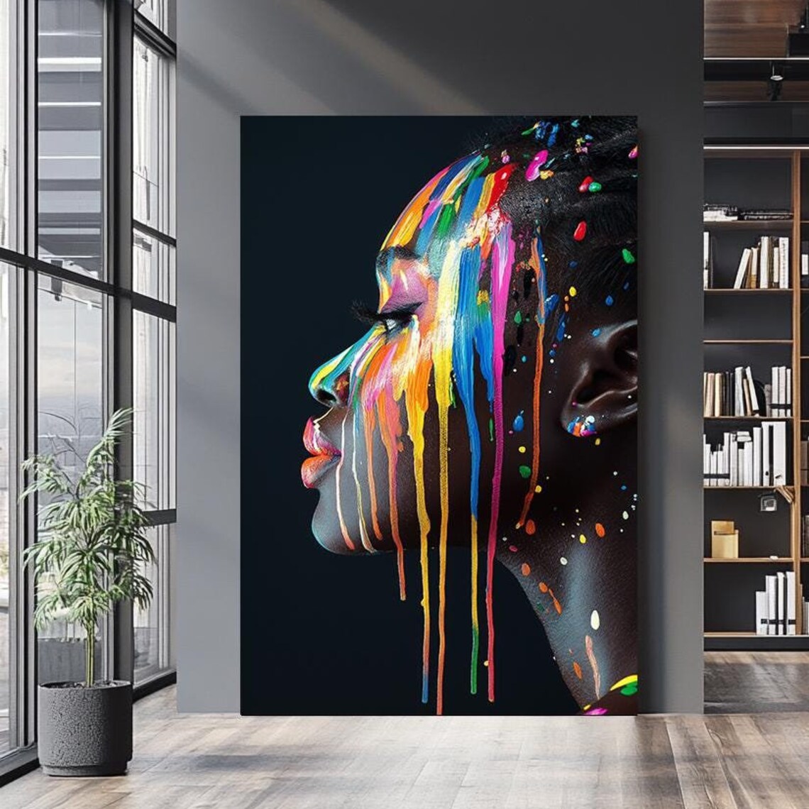 Dripping Rainbow Paint Woman Portrait Abstract Color Splash Art Poster