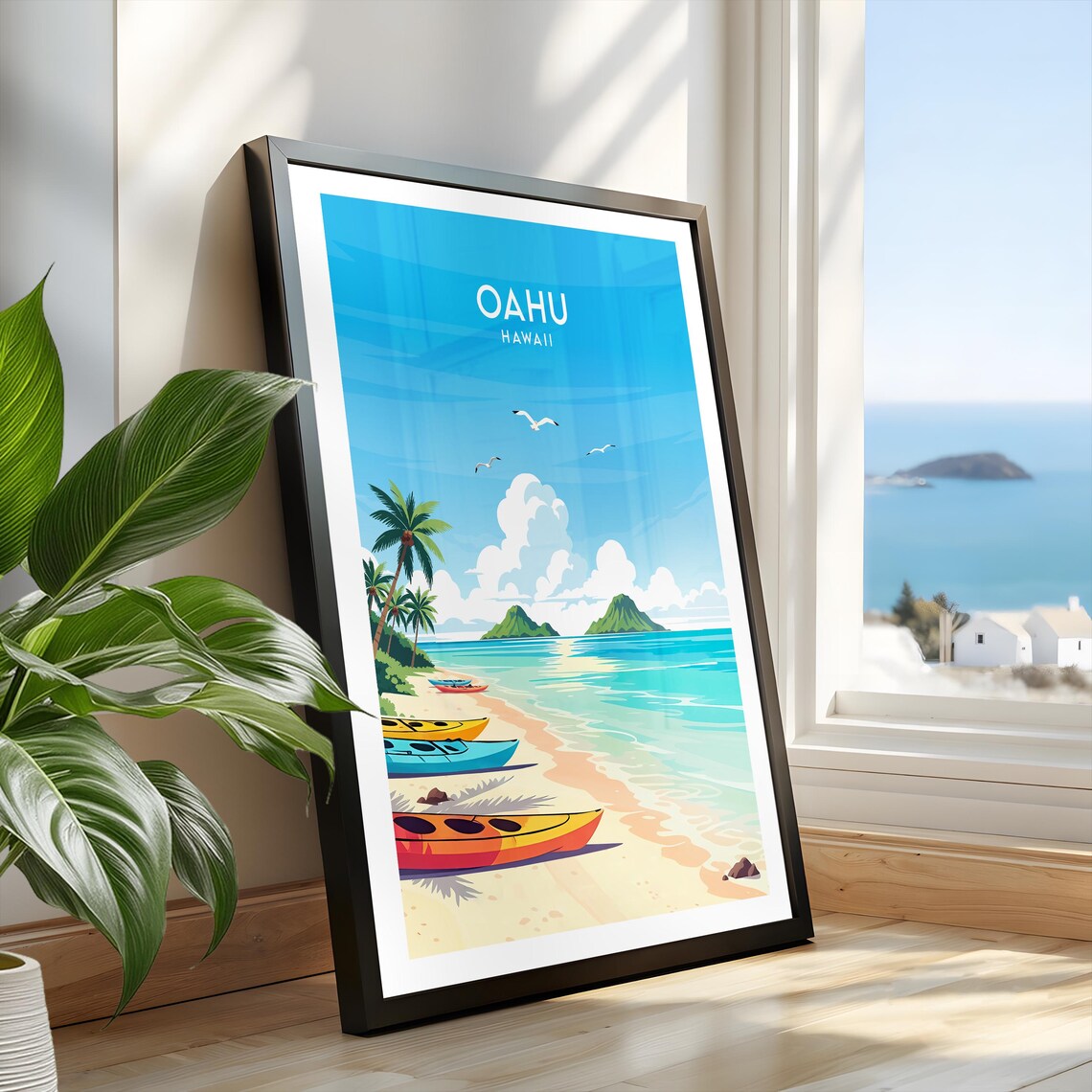 Oahu Hawaii Beach Kayaks Coconut Palms Turquoise Water Poster - Image 2