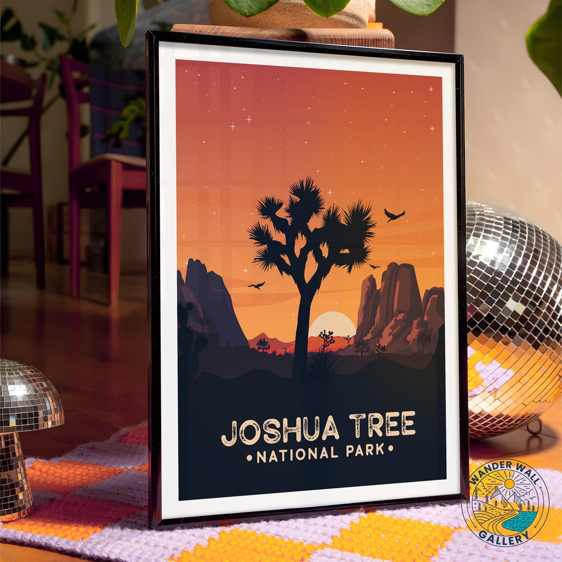 Joshua Tree Sunset Desert Silhouette Stars Retro California Travel Poster - Image 4