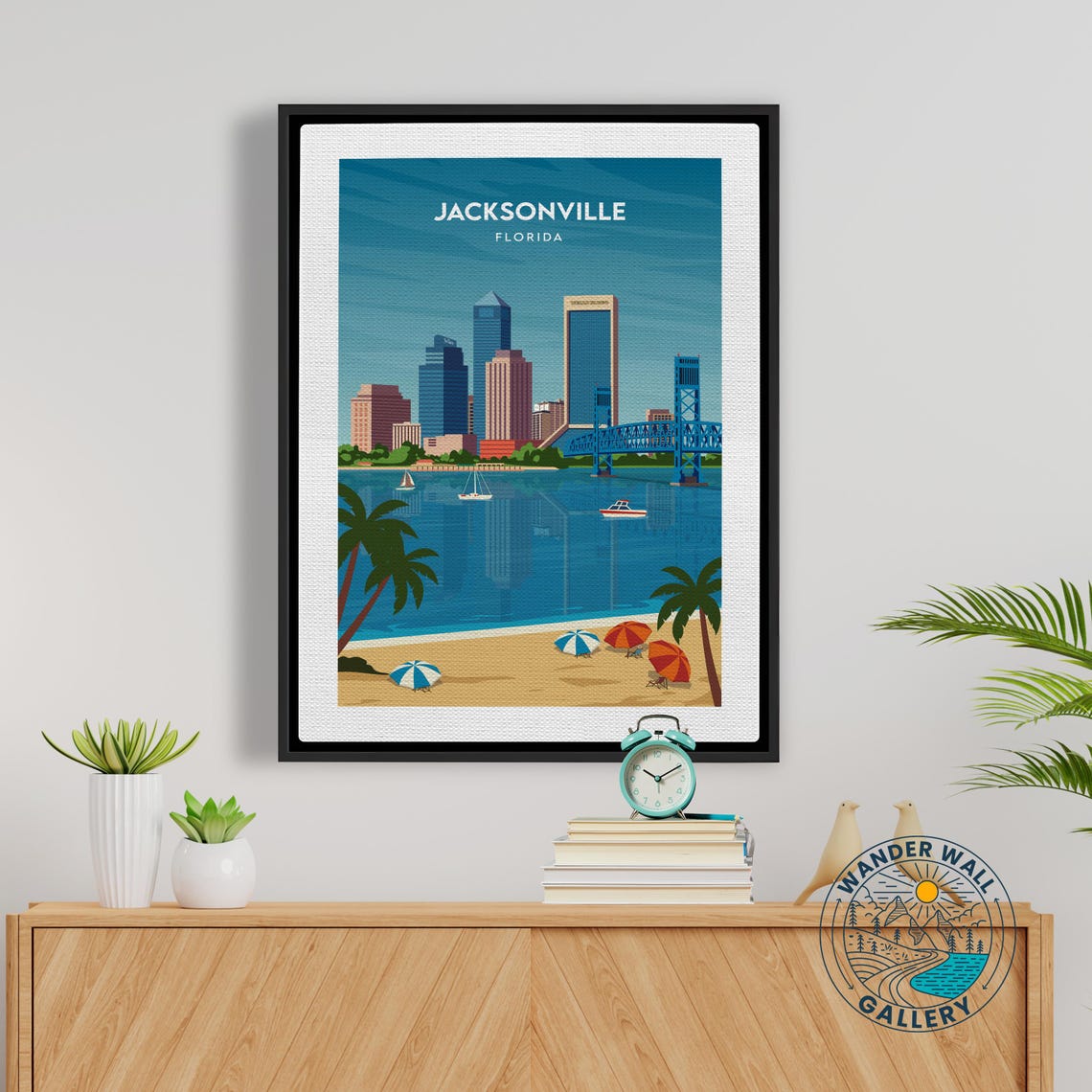 Jacksonville Florida Skyline Bridge Beach Umbrellas Palm Poster - Image 5