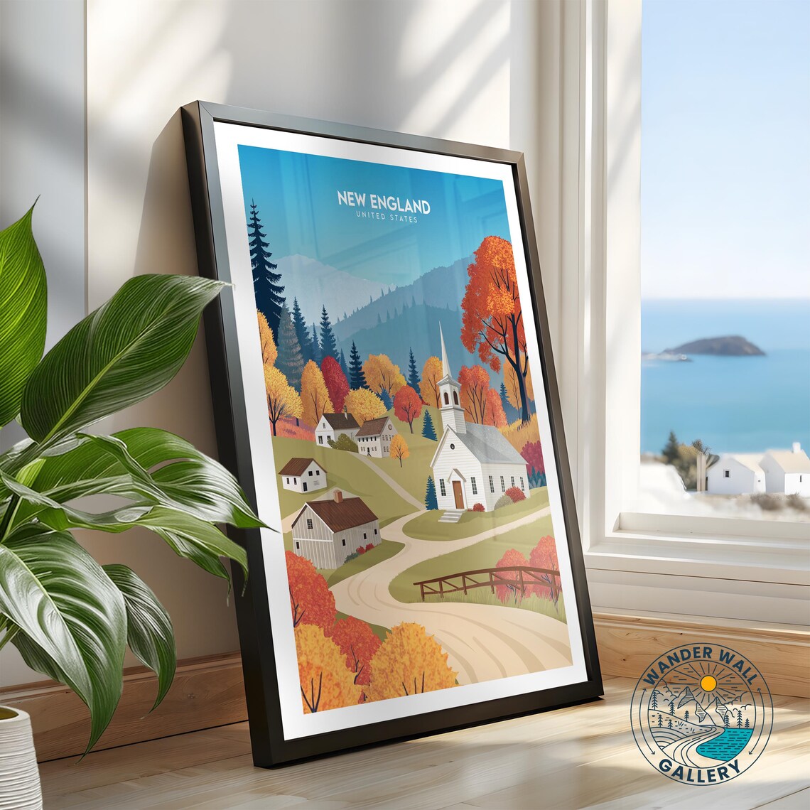 New England United States White Church Autumn Village Poster - Image 2