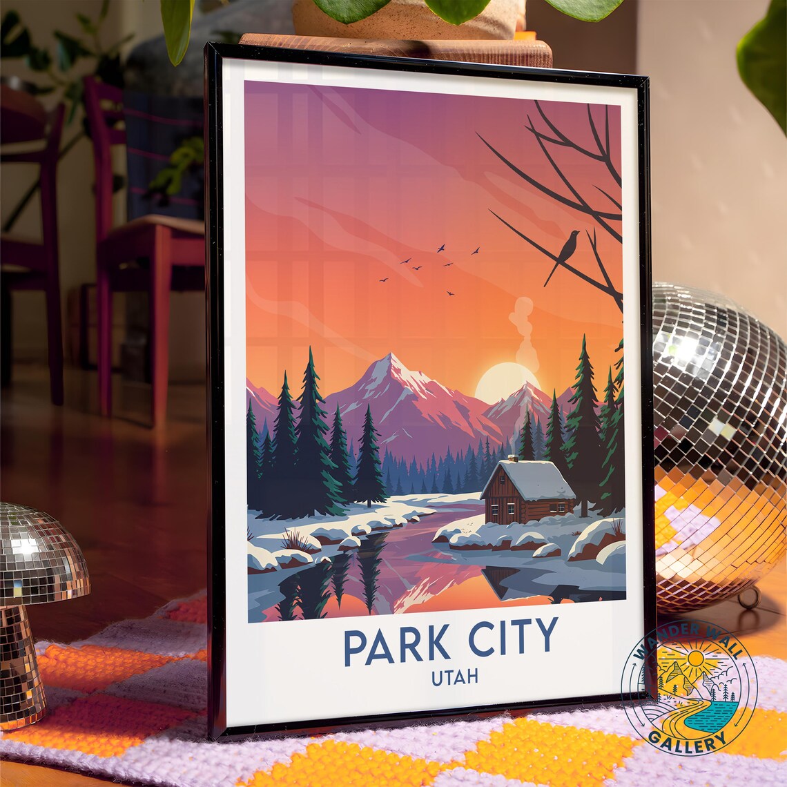 Park City Utah Snowy Mountain Cabin Sunset River Winter Poster - Image 4