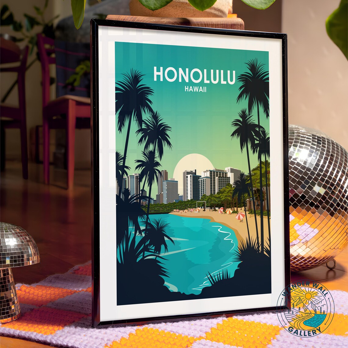 Honolulu Hawaii Waikiki Beach Palms Skyline Sunset Travel Poster - Image 4