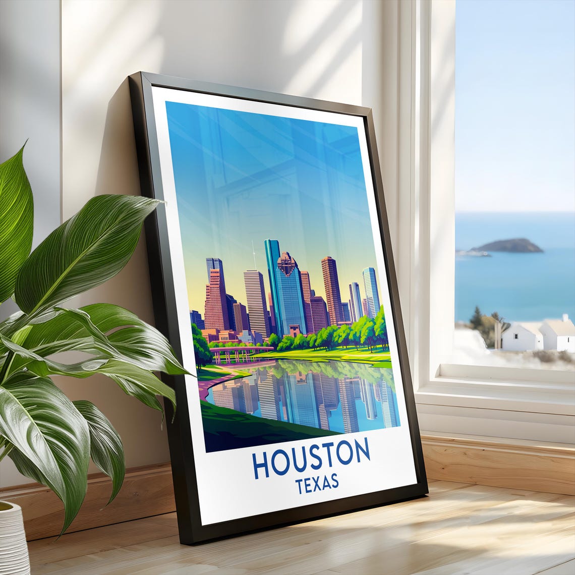 Houston Texas City Skyline Water Reflection Park Green Space Poster - Image 2