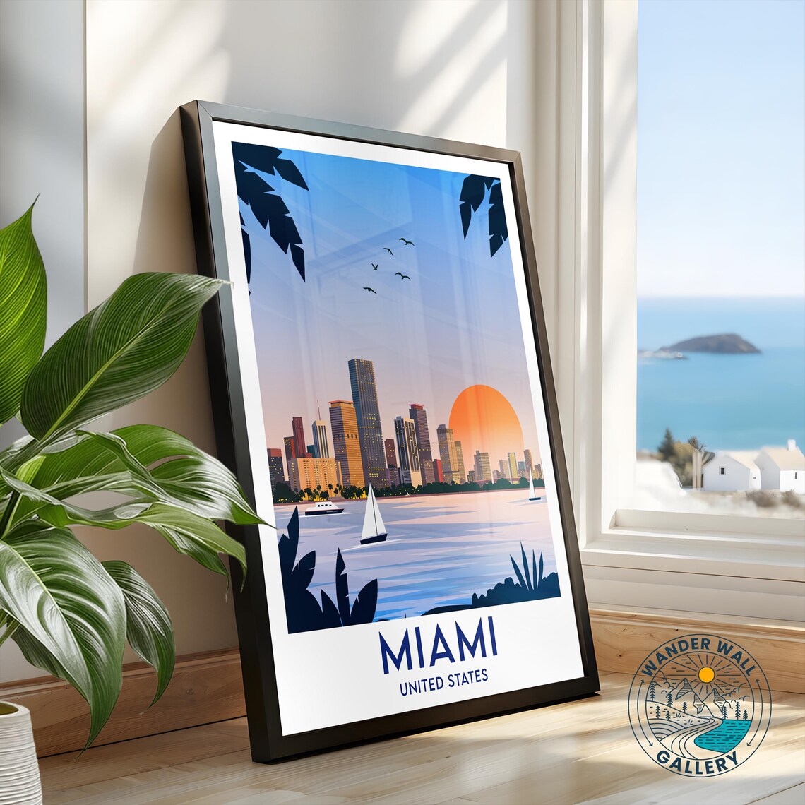Miami Florida Sun Skyline Sailboats Bay Palms Ocean View Travel Poster - Image 2