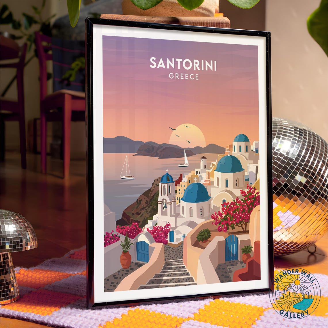 Santorini Greece Blue Domes Bougainvillea Sunset View Poster - Image 4