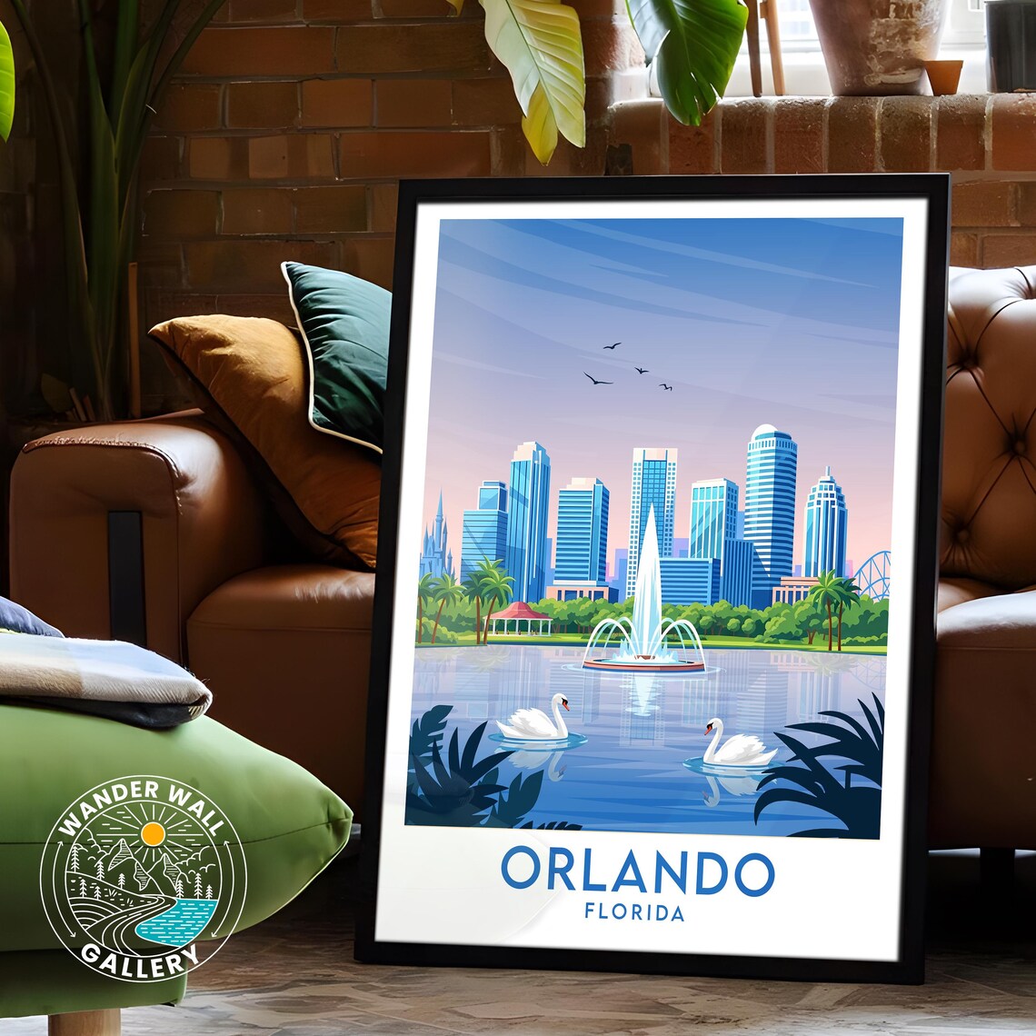 Orlando Florida Lake Fountain Swans Skyline Vintage Travel Poster - Image 6