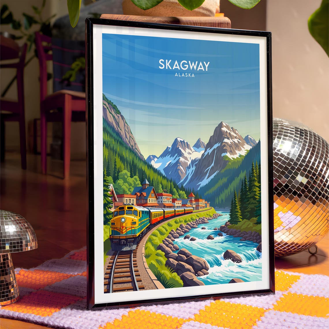 Skagway Alaska Railroad Engine Passing Colorful Downtown River Poster - Image 4