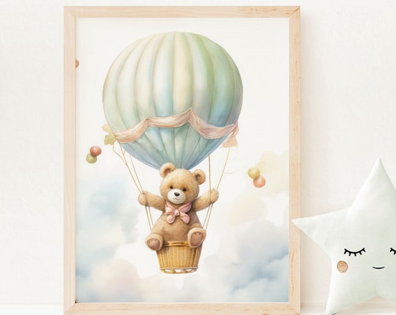 Teddy Bear Hot Air Balloon Baby Shower Gift Vintage Balloon Blue Clouds Nursery Print Cute Teddy Bear Nursery Dcor Wall Art B1