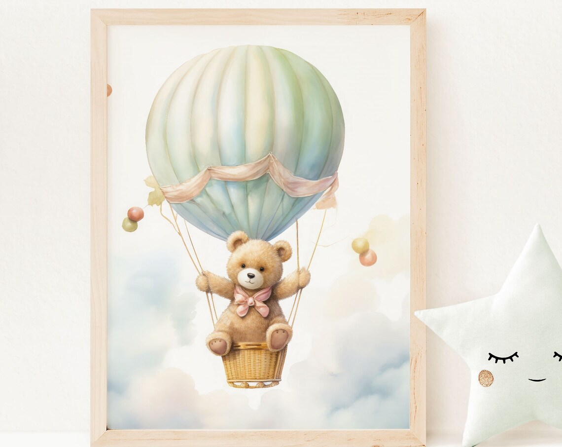 Teddy Bear Riding Hot Air Balloon Blue Sky Clouds Baby Poster