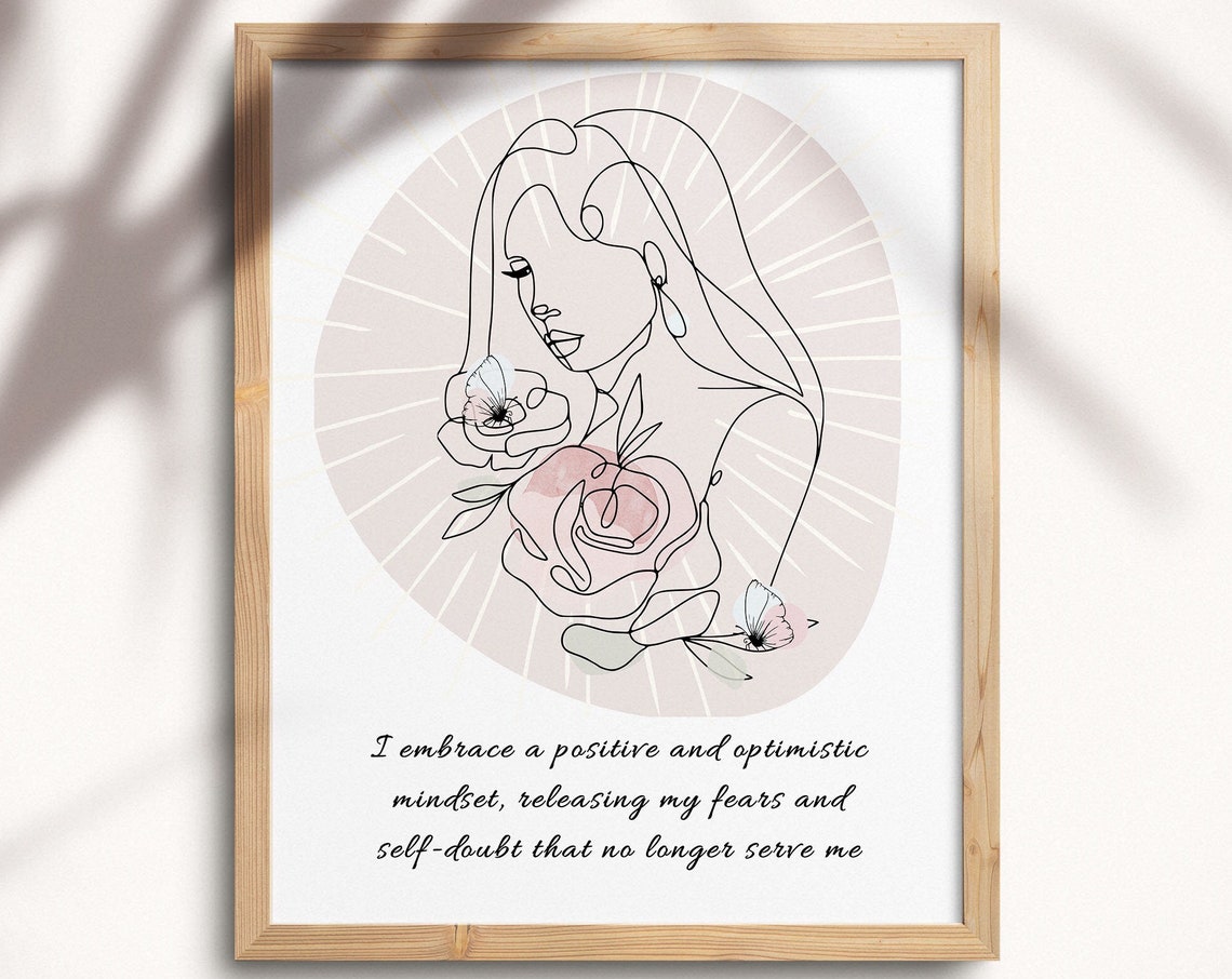 Positive Mindset Affirmation Boho Line Art Woman Floral Poster