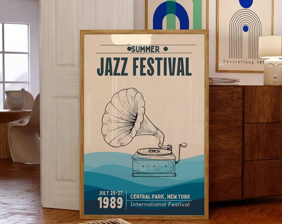 Summer Jazz Festival 1989 Gramophone Central Park New York Retro Art Poster