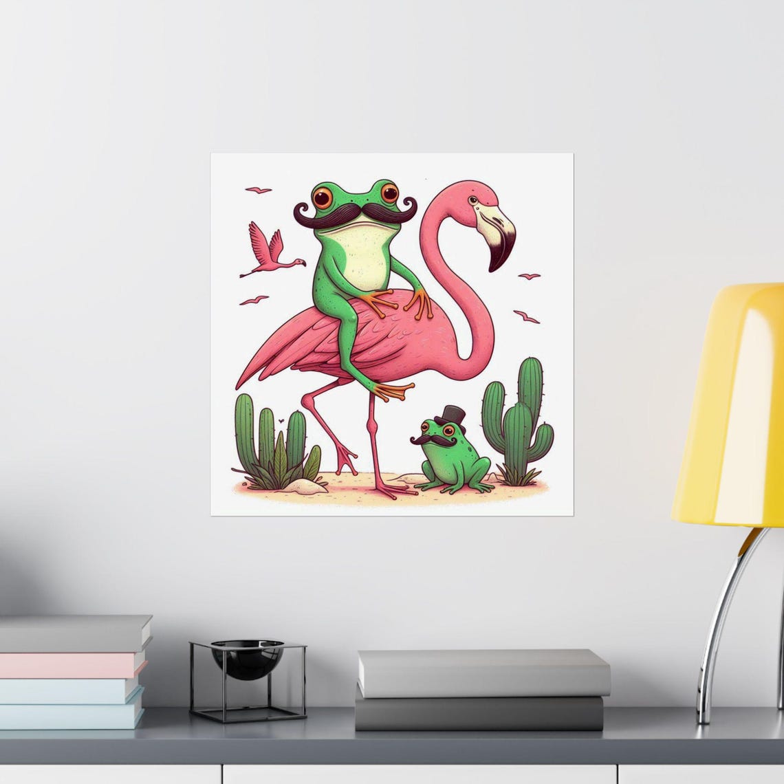 Mustachioed Frog Riding a Pink Flamingo in the Desert Poster - Image 2