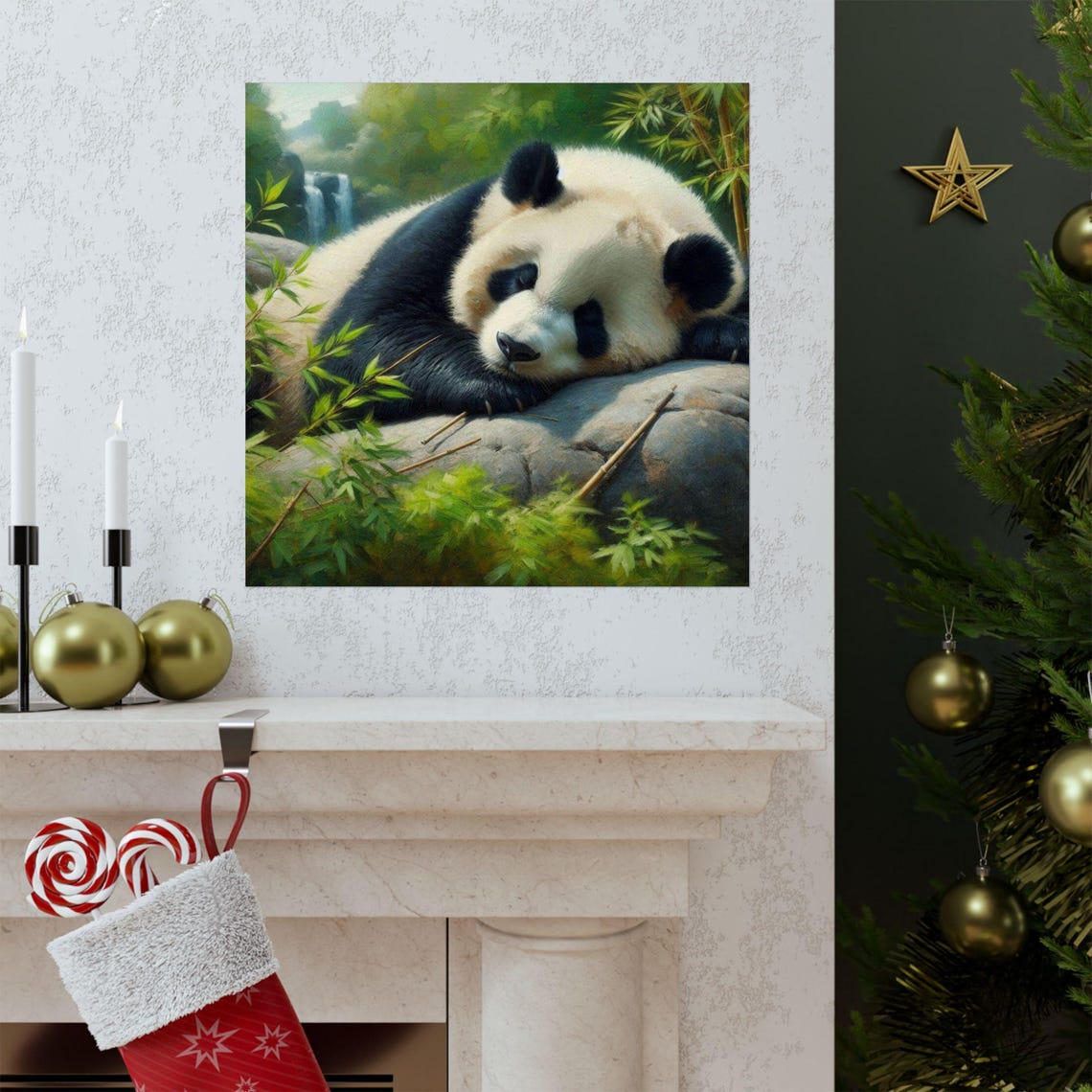 Sleeping Panda Resting on Rock with Bamboo Cute Animal Art Poster - Image 3
