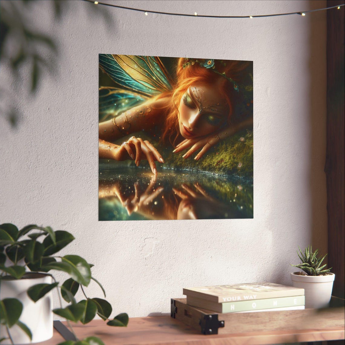 Red Haired Fairy Touching Water with a Golden Reflection Poster - Image 4