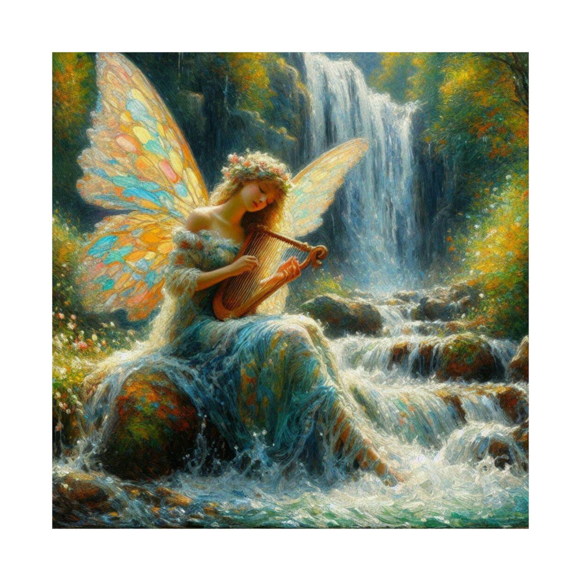 Fairy Playing Golden Harp by Waterfall in Forest Fantasy Art Poster - Image 7