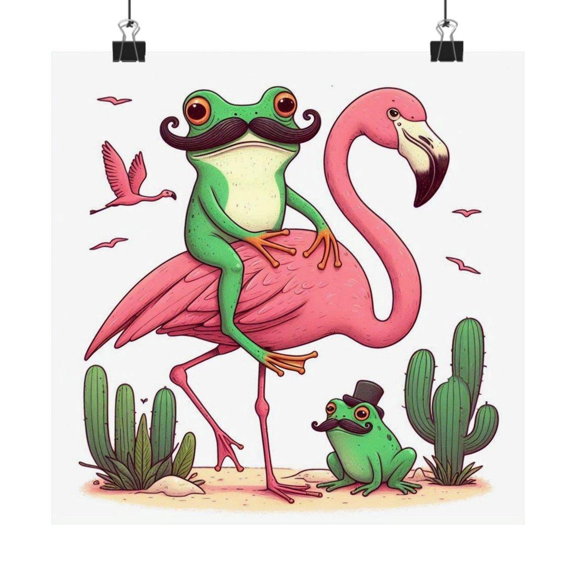 Mustachioed Frog Riding a Pink Flamingo in the Desert Poster - Image 7