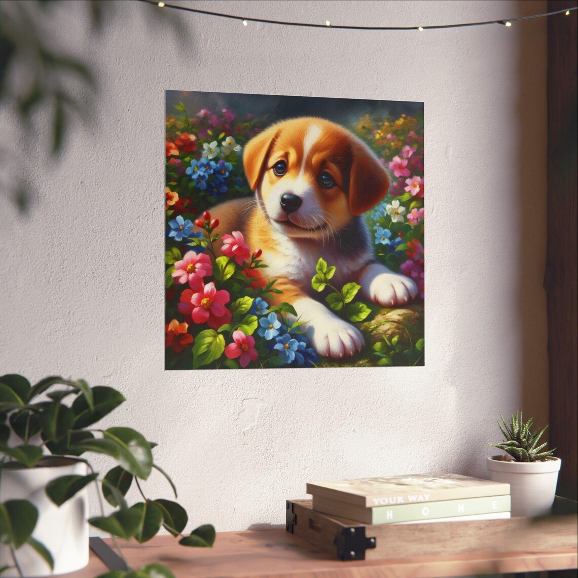 Adorable Puppy Lying among Colorful Garden Flowers Cute Dog Poster - Image 4