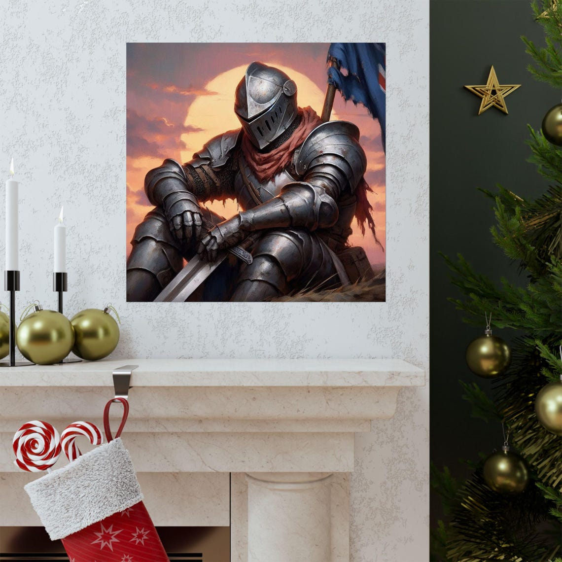 Weary Knight in Armor Kneeling at Epic Sunset Battlefield Poster - Image 3