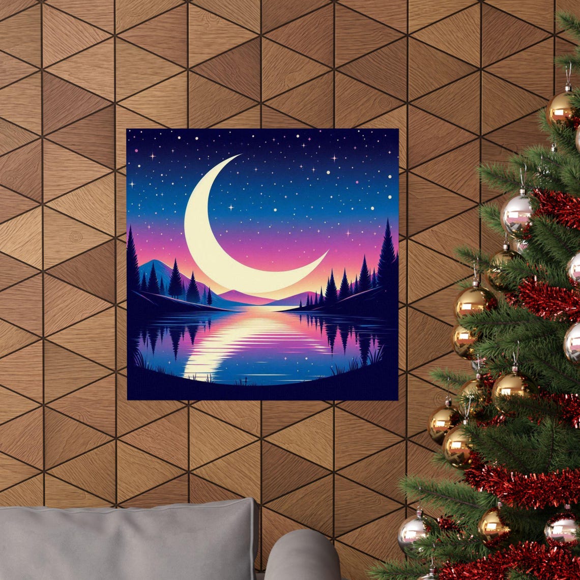 Giant Crescent Moon Rising Over a Still Mountain Lake Poster - Image 6