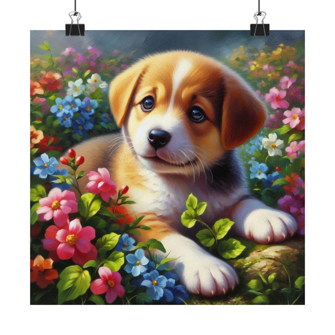 Adorable Puppy Lying among Colorful Garden Flowers Cute Dog Poster