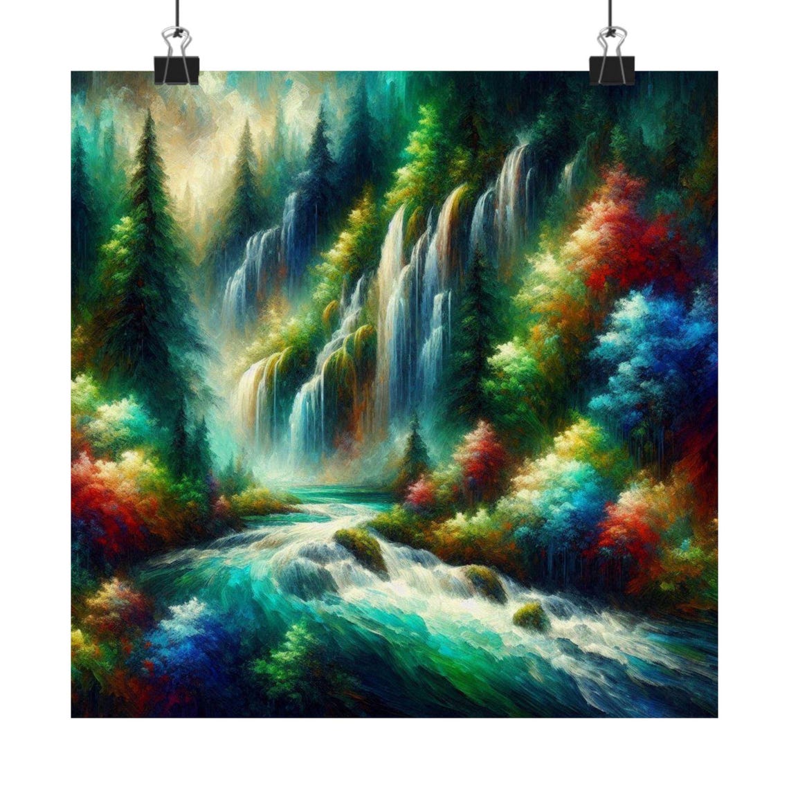 Vibrant Forest Waterfall with Turquoise Rapids Fantasy Art Poster - Image 7