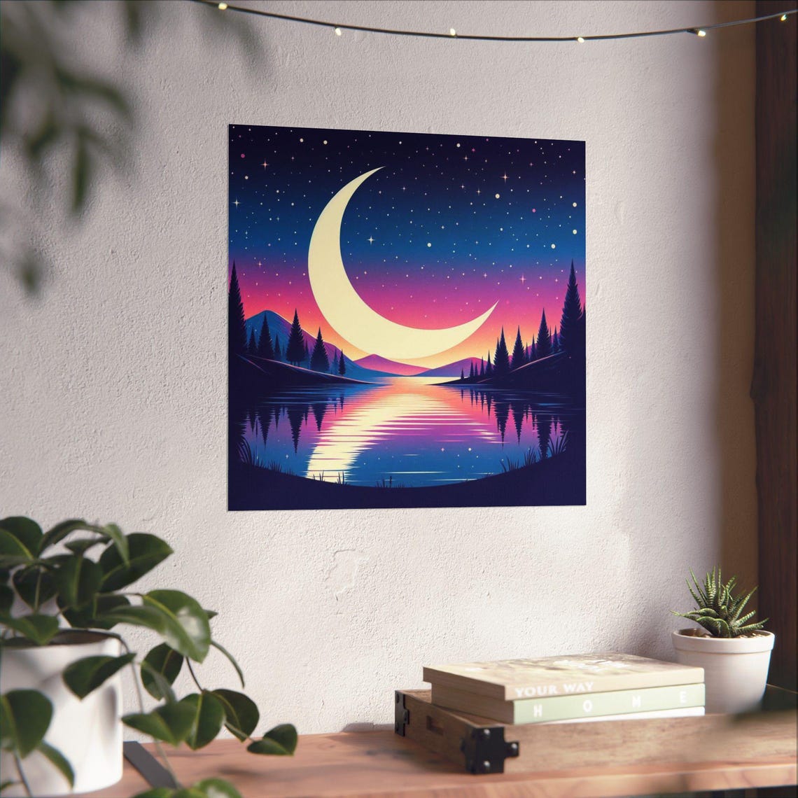 Giant Crescent Moon Rising Over a Still Mountain Lake Poster - Image 4