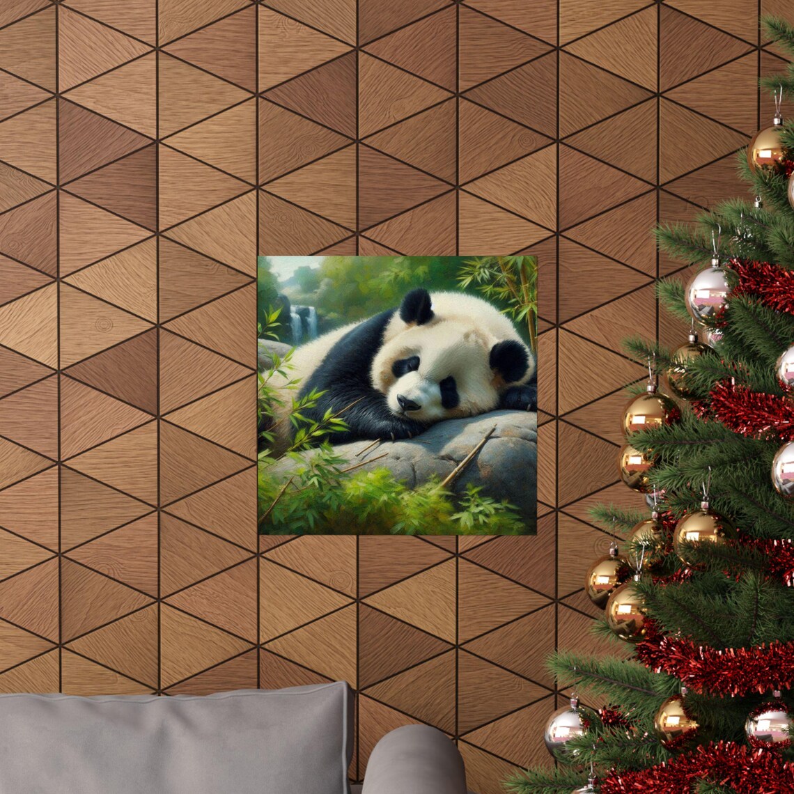 Sleeping Panda Resting on Rock with Bamboo Cute Animal Art Poster - Image 6