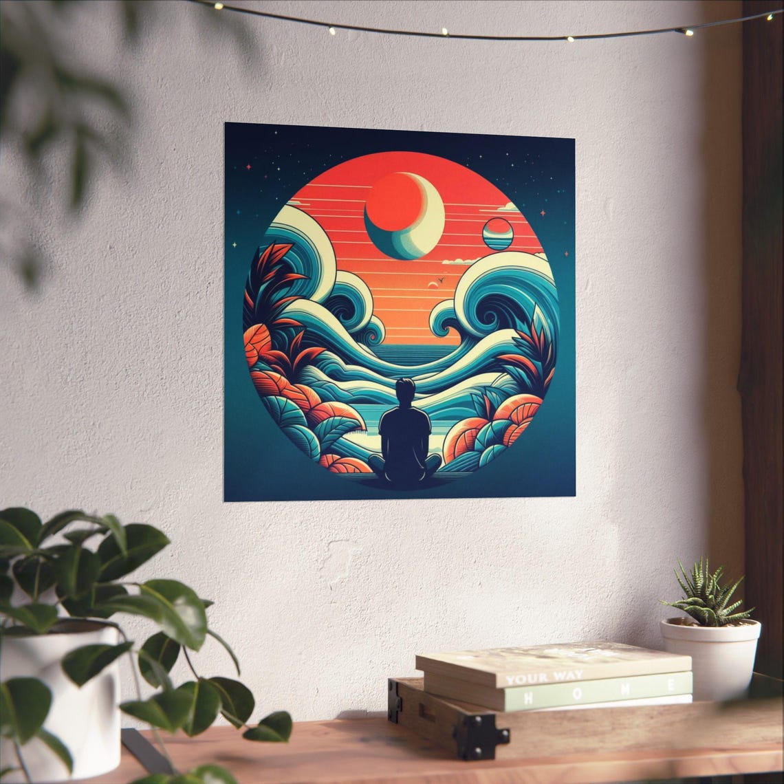 Lone Figure Meditating Before Ocean Waves Under a Moon Poster - Image 4