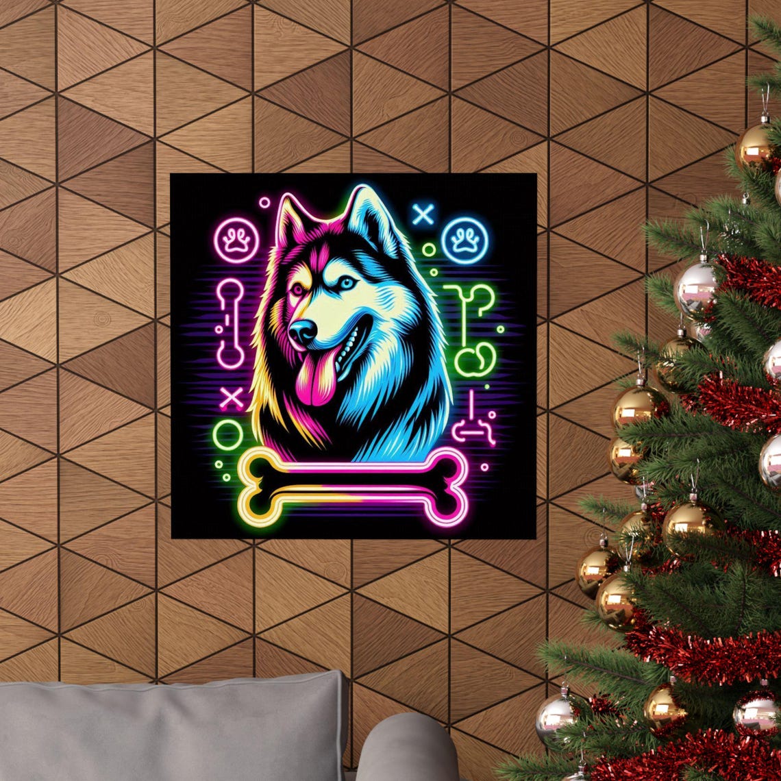 Smiling Husky Dog Face Glowing in Neon Colors on Black Poster - Image 6
