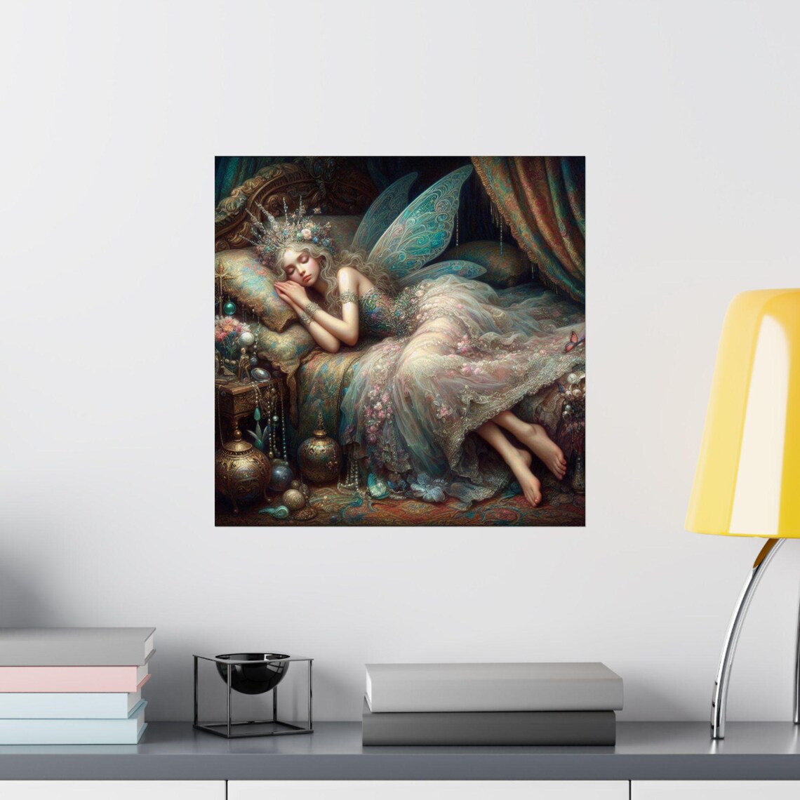 Sleeping Fairy Dreaming on an Ornate Velvet Flower Canopy Bed Poster - Image 2